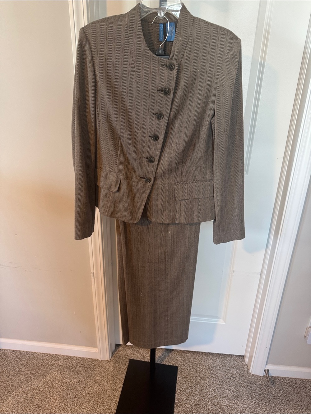 Studio Brown Pinstripe Skirt Suit Set